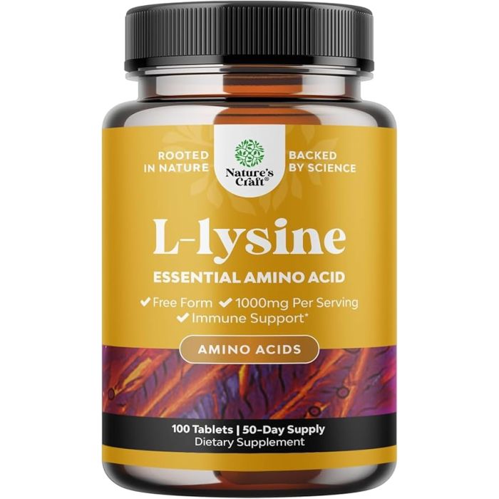 High strength L-Lysine capsules dietary supplement packaging image